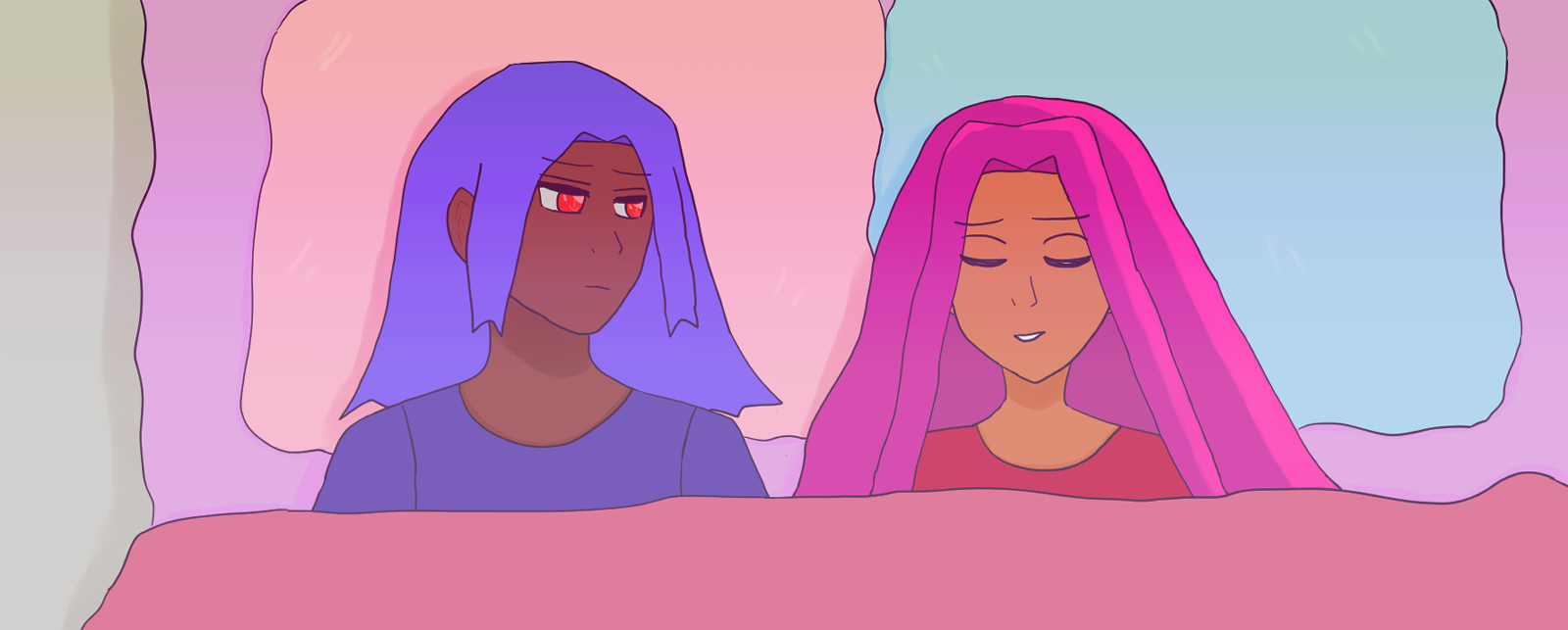 Antonio Chandrani-Rivera with blue hair like waves is peering at Alejandro Altaha softly with a small frown, while Alejandro smiles to himself with his eyes closed. Alejandro has long, drifting violet hair with light casting a rose pink hue to it. He wears a red shirt while Antonio wears a blue one. They're in bed under a rose gold blanket, lying on lavender sheets. Antonio is lying on a pink pillow while Alejandro is lying on a baby blue one. It says 'Blue Horizon: The Fool and the Gaiety' at the bottom right. The floor has gray carpet or such to it.